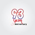 93 years anniversary celebration logotype. anniversary logo with red and blue color isolated on gray background, vector design for