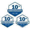 10 years anniversary celebration logotype. 10th anniversary logo collection. Set of anniversary design template. Royalty Free Stock Photo