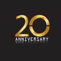 20 years anniversary celebration logotype. 20th anniversary logo with confetti golden colored isolated on black background, vector