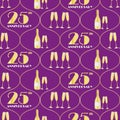 25 years anniversary celebration vector seamless Ogee pattern with hand drawn champagne bottles and glasses. Purple and