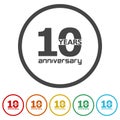 10 years anniversary emblem. Set icons in color circle buttons Royalty Free Stock Photo