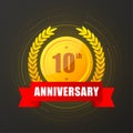 10 years anniversary gold button, label, logo on black backgrouund. Vector illustration. Royalty Free Stock Photo