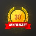 30 years anniversary gold button, label, logo on black backgrouund. Vector illustration. Royalty Free Stock Photo