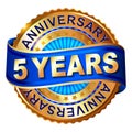 5 years anniversary golden label with ribbon. Royalty Free Stock Photo