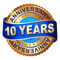 10 years anniversary golden label with ribbon. Royalty Free Stock Photo