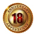 18 Years anniversary golden label. Royalty Free Stock Photo