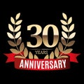 30 Years Anniversary Golden Template with Red Ribbon and Laurel wreath Vector Illustratio Royalty Free Stock Photo