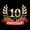 10 Years Anniversary Golden Template with Red Ribbon and Laurel wreath Vector Illustration Royalty Free Stock Photo