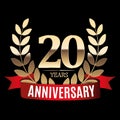 20 Years Anniversary Golden Template with Red Ribbon and Laurel wreath Vector Illustration Royalty Free Stock Photo