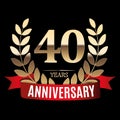 40 Years Anniversary Golden Template with Red Ribbon and Laurel wreath Vector Illustration Royalty Free Stock Photo