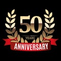 50 Years Anniversary Golden Template with Red Ribbon and Laurel wreath Vector Illustration Royalty Free Stock Photo