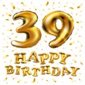 39 years anniversary, happy birthday joy celebration. 3d Illustration with brilliant gold balloons & delight confetti for your uni Royalty Free Stock Photo