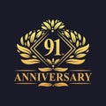 91 Years Anniversary Logo, Luxury Floral Golden 91st Anniversary Logo