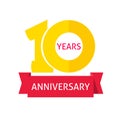 10 years anniversary logo with red ribbon vector icon, flat 10th year birthday party sign or label isolated on white Royalty Free Stock Photo