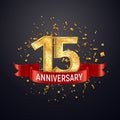 15 years anniversary logo template on dark background. Fifteenth celebrating golden numbers with red ribbon vector and confetti