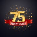 75 years anniversary logo template on dark background. Seventy five celebrating golden numbers with red ribbon vector and confetti Royalty Free Stock Photo