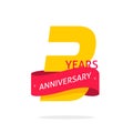 3 years anniversary logo template isolated on white, number 3 anniversary icon label with red ribbon, three year