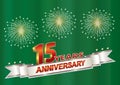 15 years anniversary postcard with fireworks on a green