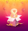 8 years anniversary vector banner template. Eight years jubilee with balloons and confetti on a bright background.