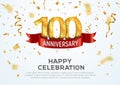 100 years anniversary vector banner template. Hundred year jubilee with red ribbon and confetti on white background