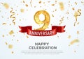 9 years anniversary vector banner template. Nine year jubilee with red ribbon and confetti on white background