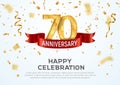 70 years anniversary vector banner template. Seventieth jubilee with red ribbon and confetti on white background