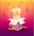 11 years anniversary vector design element. Isolated Eleven years jubilee with gift box, balloons and confetti on a