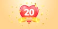 20 years anniversary vector logo, icon. Template banner, symbol with heart shape air hot balloon