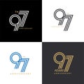 97 years anniversary vector number icon, birthday logo label, black, white and colors