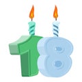 18 years birthday. Number with festive candle for holiday cake.