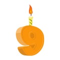 9 years birthday. Number with festive candle for holiday cake. n Royalty Free Stock Photo