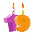 19 years birthday. Number with festive candle for holiday cake.