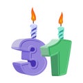 31 years birthday. Number with festive candle for holiday cake. Royalty Free Stock Photo