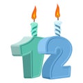 12 years birthday. Number with festive candle for holiday cake.