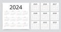 2024, 2025, 2026, 2027, 2028, 2029, 2030, 2031, 2032, 2033 years calendar. Planner template. Vector illustration