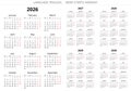 2025, 2026, 2027, 2028, 2029 years english vector calendars 12 months. Week starts monday Royalty Free Stock Photo
