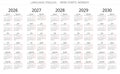 2025, 2026, 2027, 2028, 2029 years english vector calendars. Week starts monday Royalty Free Stock Photo