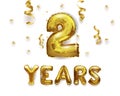 2 years gold balloons. Two year birthday. Number 2 flying foil balloon and confetti. Two-year anniversary background. 3d rendering Royalty Free Stock Photo