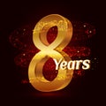 8 years golden anniversary 3d logo celebration with Gold glittering spiral star dust trail sparkling particles. Eight years annive