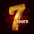 7 years golden anniversary 3d logo celebration with Gold glittering spiral star dust trail sparkling particles. Seven years annive