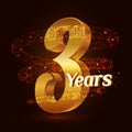 3 years golden anniversary 3d logo celebration with Gold glittering spiral star dust trail sparkling particles. Three years annive