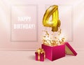 4 years with a Golden balloon. The celebration of the anniversary. Balloons with sparkling confetti fly out of the box, number 4 Royalty Free Stock Photo