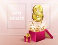 8 years with a Golden balloon. The celebration of the anniversary. Balloons with sparkling confetti fly out of the box, number 8 Royalty Free Stock Photo