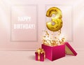 3 years with a Golden balloon. The celebration of the anniversary. Balloons with sparkling confetti fly out of the box, number 3 Royalty Free Stock Photo