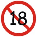 18 years limitation sign on white background red circle frame vector icon