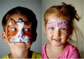 6 years old boy with blue eyes face painting of a cat or tiger. Pretty exciting blue-eyed girl of 2 years with a face Royalty Free Stock Photo