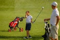 The boy practice golf hits at golf course Royalty Free Stock Photo