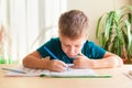 7 years old child boy doing math sitting at desk Royalty Free Stock Photo