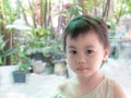 3 years old cute baby Asian girl, little toddler child with adorable short hair looking at camera Royalty Free Stock Photo