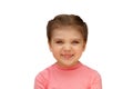 4 years old girl Caucasian, in pink T-shirt smiles funny, looks forward, isolate, large portrait